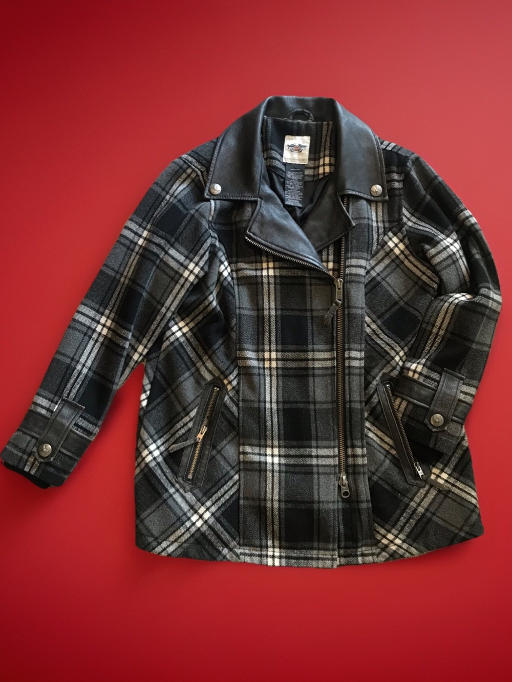 Harley-Davidson Katarina Wool Blend Plaid Moto Coat Leather Trim 2XL EUC